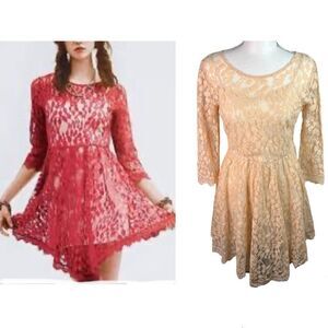 Free People Floral Mesh Lace Peach Lined Long Sleeve High Low Mini Dress Sz S